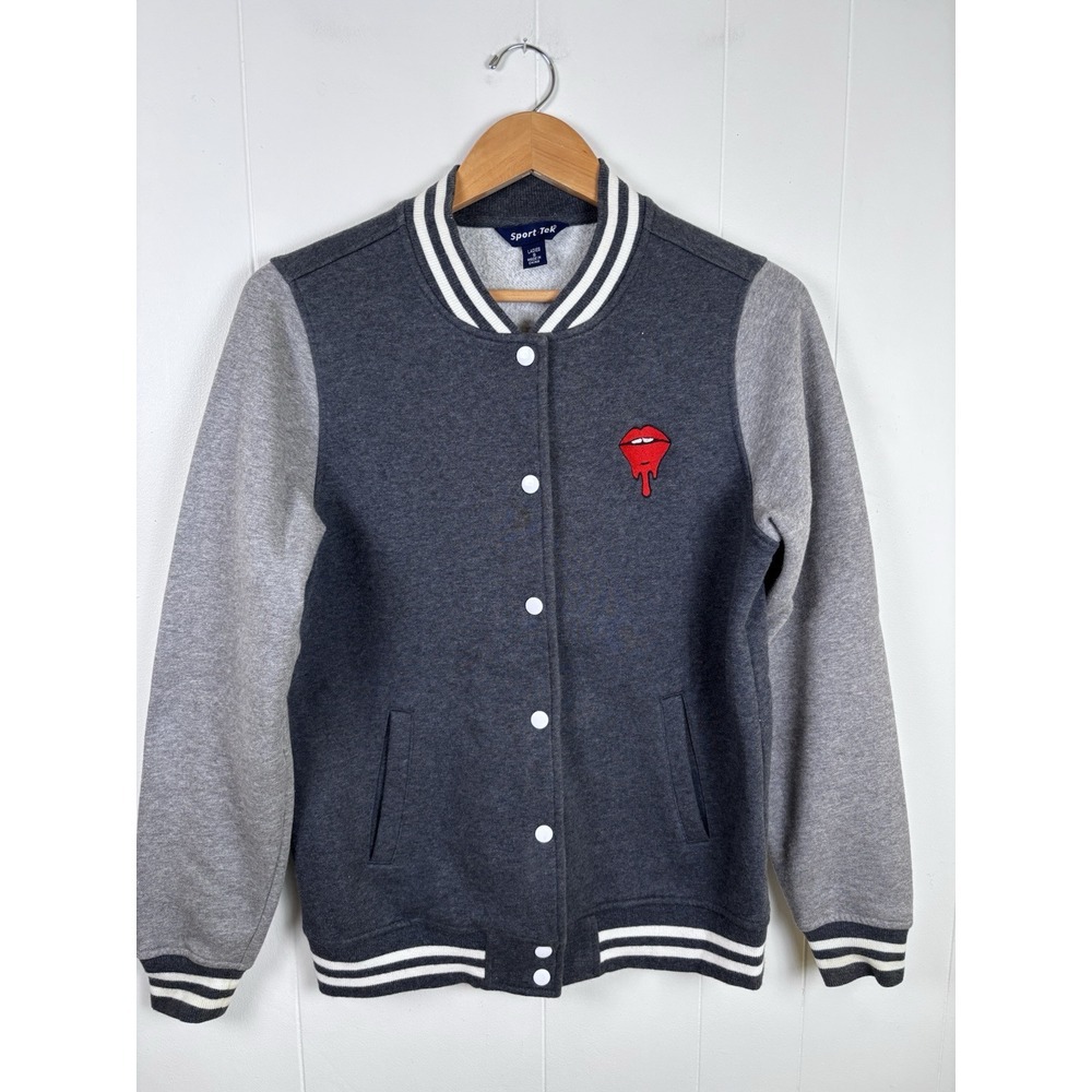 Embroidered Drip Lips Grey Bomber‎ Letterman Jacket Women's Small